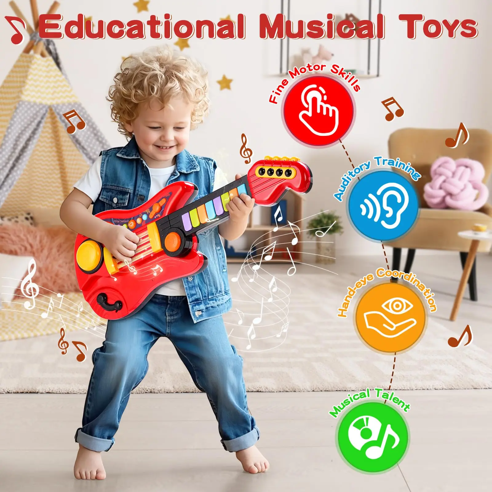 2-in-1 Kids Electric Guitar Toy Musical Instrument Piano Toddler Music Toy Early Learning Educational Gift for Boys Girls Xmas