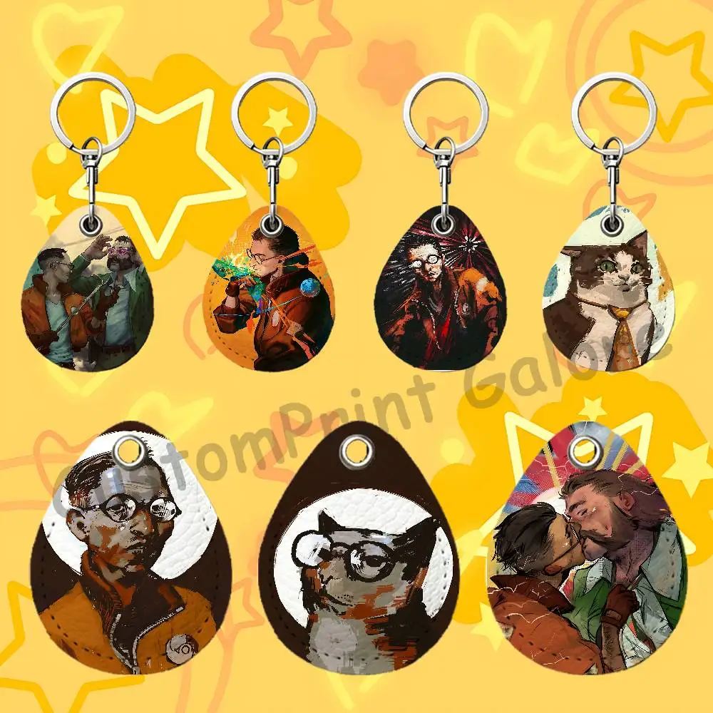 Kim Kitsuragi Disco E-Elysium Handmade Leather Key Fob Vintage Teardrop Keychain Minimalist Purse Charm Gift for Men Women