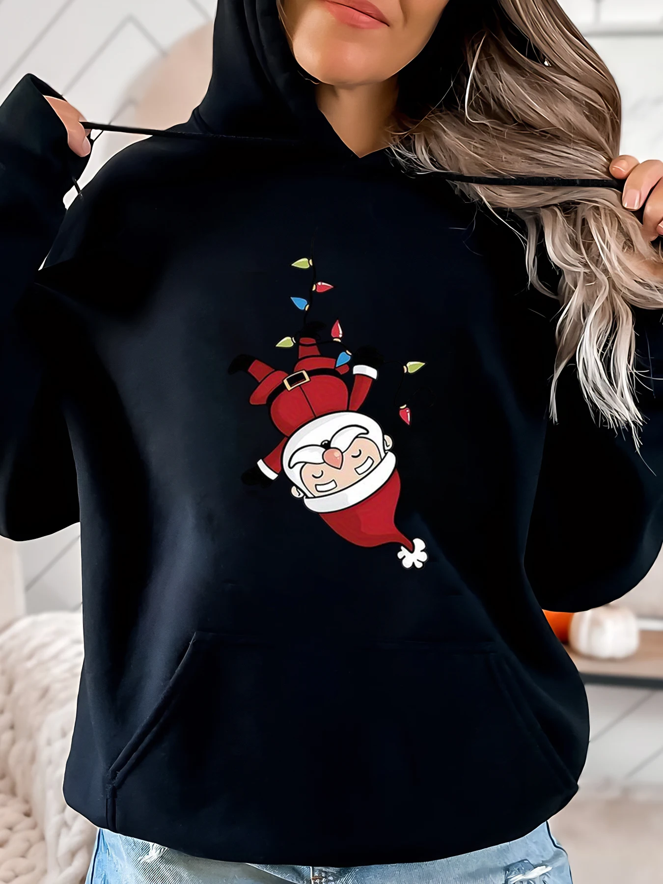 

Санта-Клаус падающая рождественская толстовка женская повседневная праздничная одежда черная больших размеров