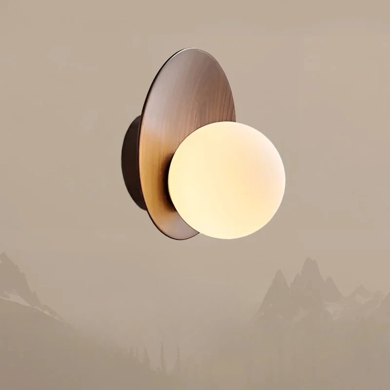 Walnut Wood Glass Sphere Arc Moon, Modern Simple Vintage, Wall Sconce Light for Living, Bedroom Bedside, Study, Hallway