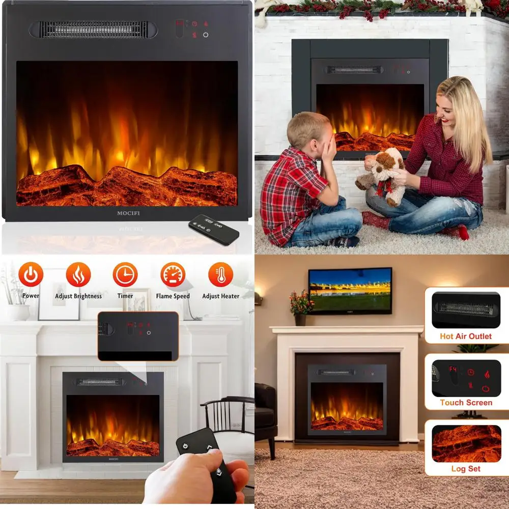 

23-Inch Electric Fireplace Insert with Heater, Wall-Mounted or Freestanding, Remote and Touchscreen Controls, Adjustable Flame S