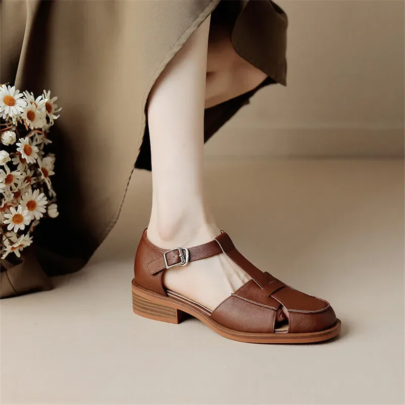 2023 Summer Sandals Cowhide Round Toe Women Sandals Chunky Heel Women Shoes Cover Toe Shoes for Women Hollow Out Mary Jane Shoes