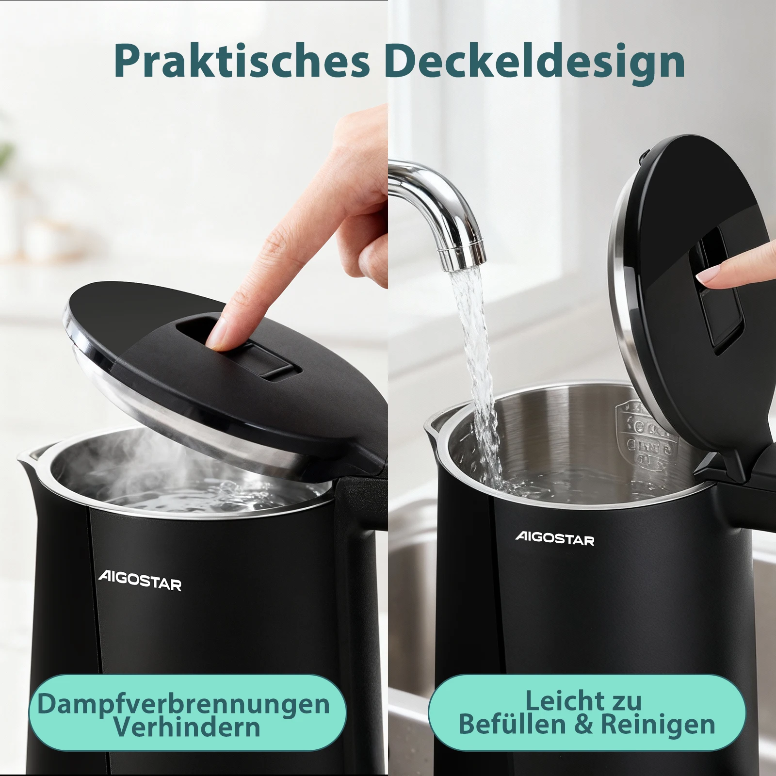 غلاية كهربائية من الفولاذ المقاوم للصدأ مزدوجة الجدار من Aigostar، سعة 1,7 لتر 2200 وات، داخلية من الفولاذ المقاوم للصدأ بنسبة 100%، مضادة للتحديد