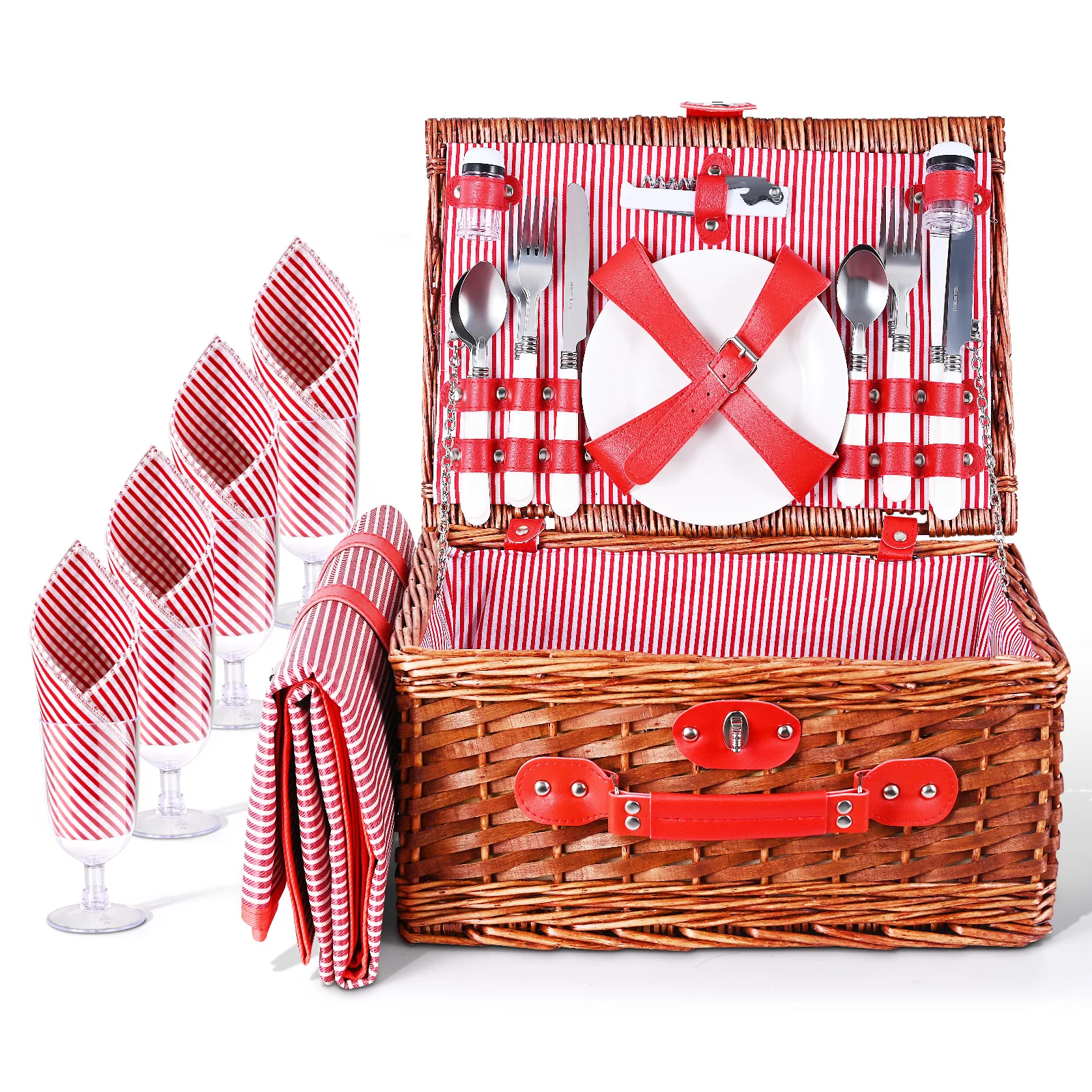 Cesto da Picnic per 4 Persone, Cesto da Picnic in Vimini con Coperta Impermeabile e Set di Posate, Cesto da Picnic per Campeggio