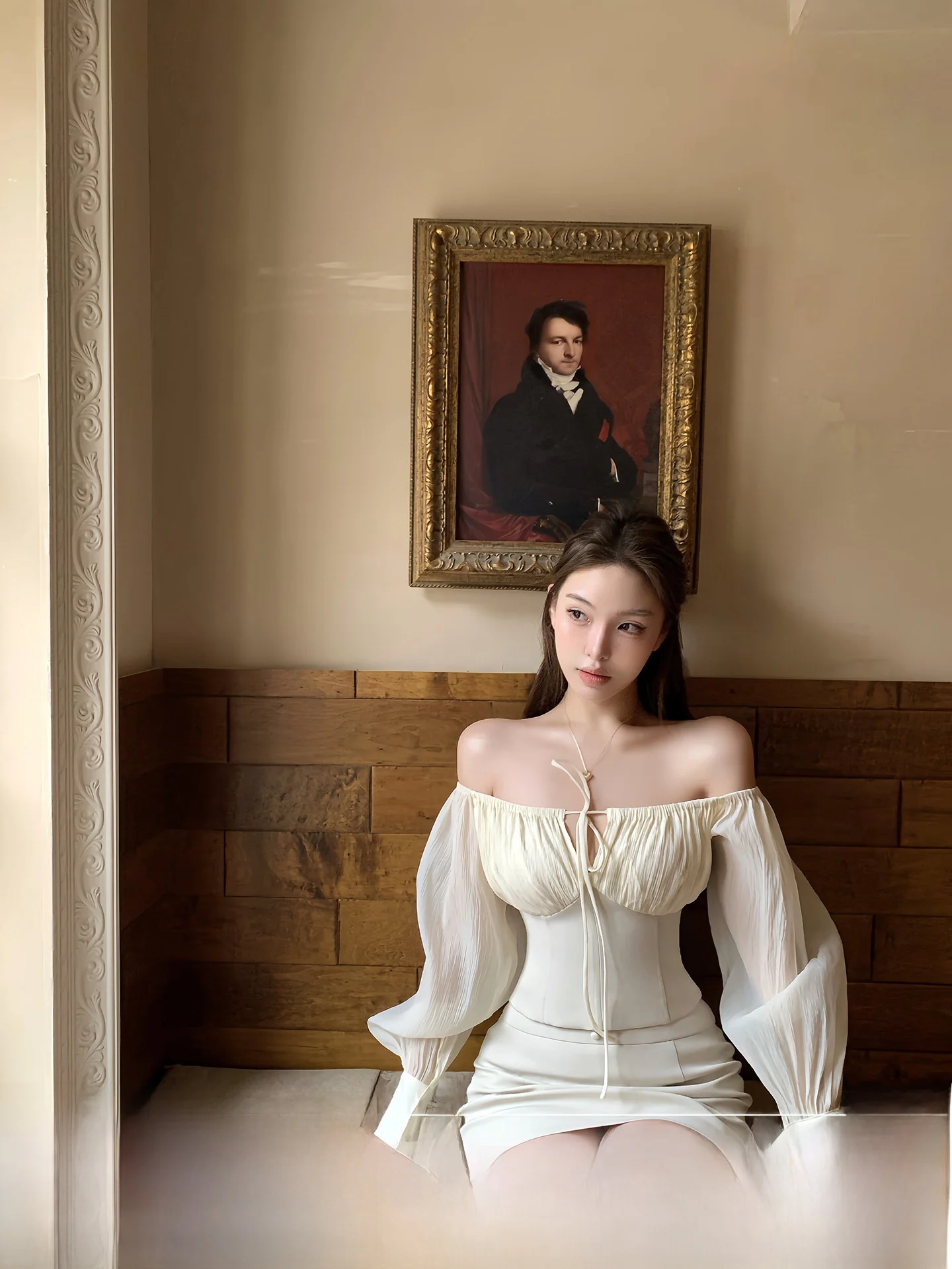 

Vintage Shoulder Bared Micro Transparent Women's Shirt And Short Skirt Set Slim Fit French Style Long Sleeve Polyester Fiber