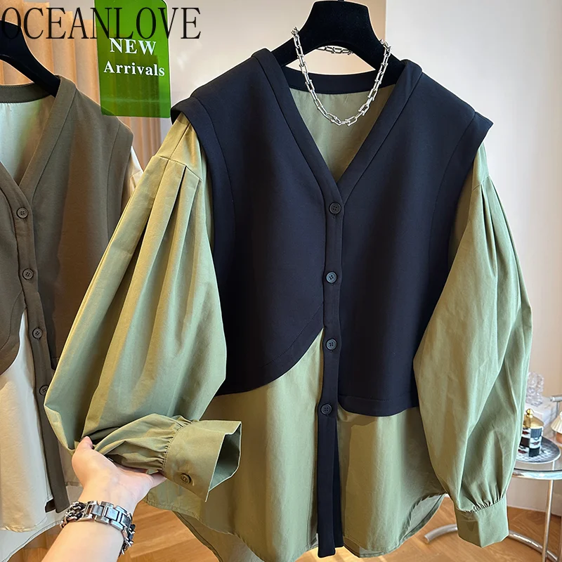 OCEANLOVE Fake 2 Pieces Shirts&blouses Women Tops Irregular Korean Fashion Blusas Mujer Vintage Loose Spring Autumn Camisas