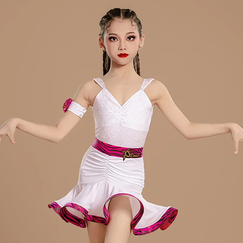 

Kids Girls Latin Dance Costume Sleeveless Backless Lace Bodysuit and Fold Swing Skirts Ballroom Dancewear Children Training Set