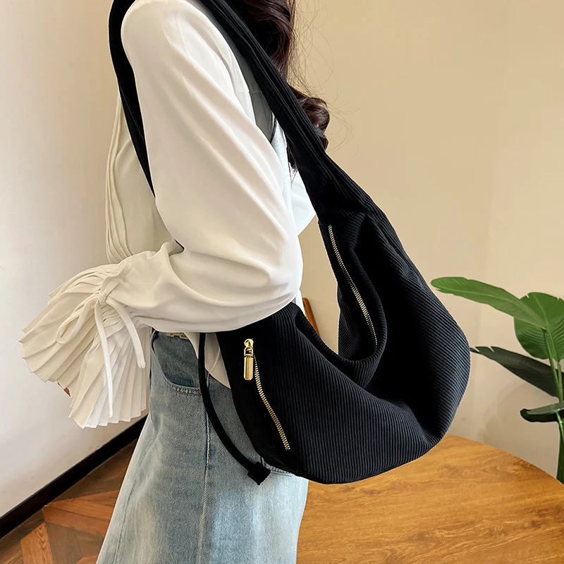 

Women Corduroy Hobo Handbag Ruched Shoulder Bag Adjustable Strap Slouchy Tote Bag with Zipper Hobo Purse for Work Travel