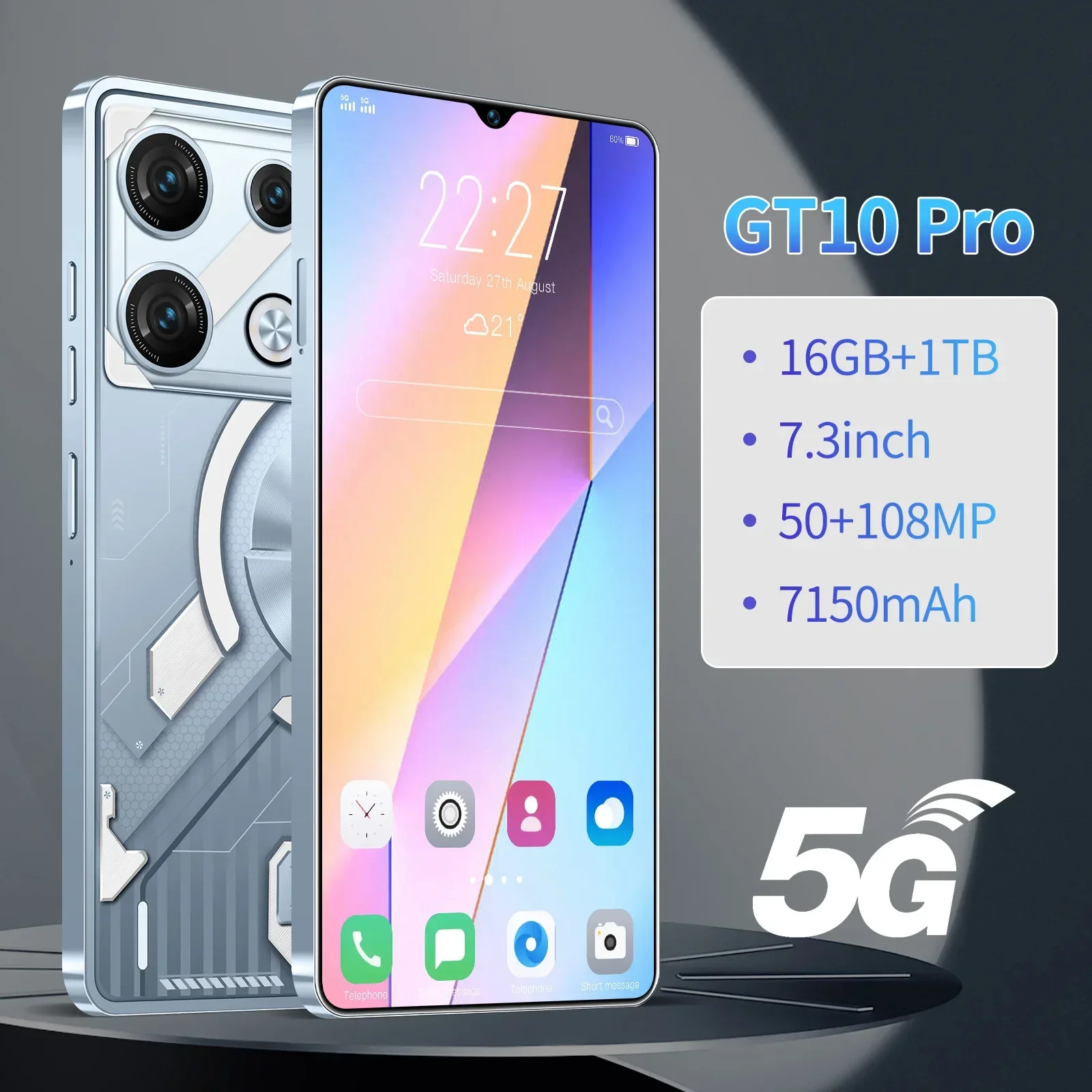 Hot Selling Smartphone Gt10 Pro Android Large Screen Dual-Sim Dual-Standby Smartphone Global Version Mobile Phone Cheap