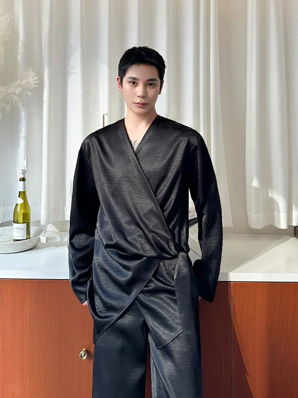 

Loose Long Sve irt Set for Men with Small Bow Design Spring Summer Faion Casual Versatile Two-Piece Set