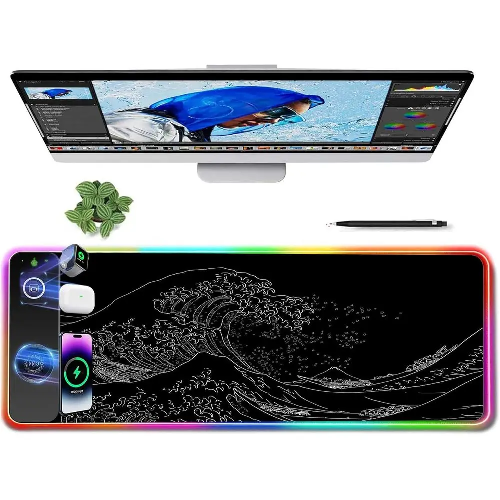 

15W Wireless Charging Mouse Pad, Japanese Wave Design, RGB Gaming Desk Mat, Compatible with iPhone/Airpods, 14 Lighting Modes, 3