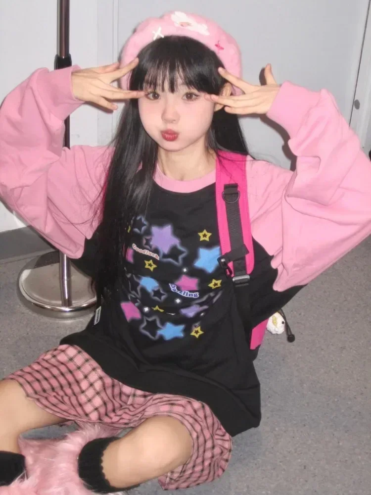 ADAgirl Frauen Stern Grafik Hoodies Y2K Ästhetische Raglanärmel Sweatshirt E-mädchen Übergroßen Harajuku Tops Cutecore Kawaii Kleidung