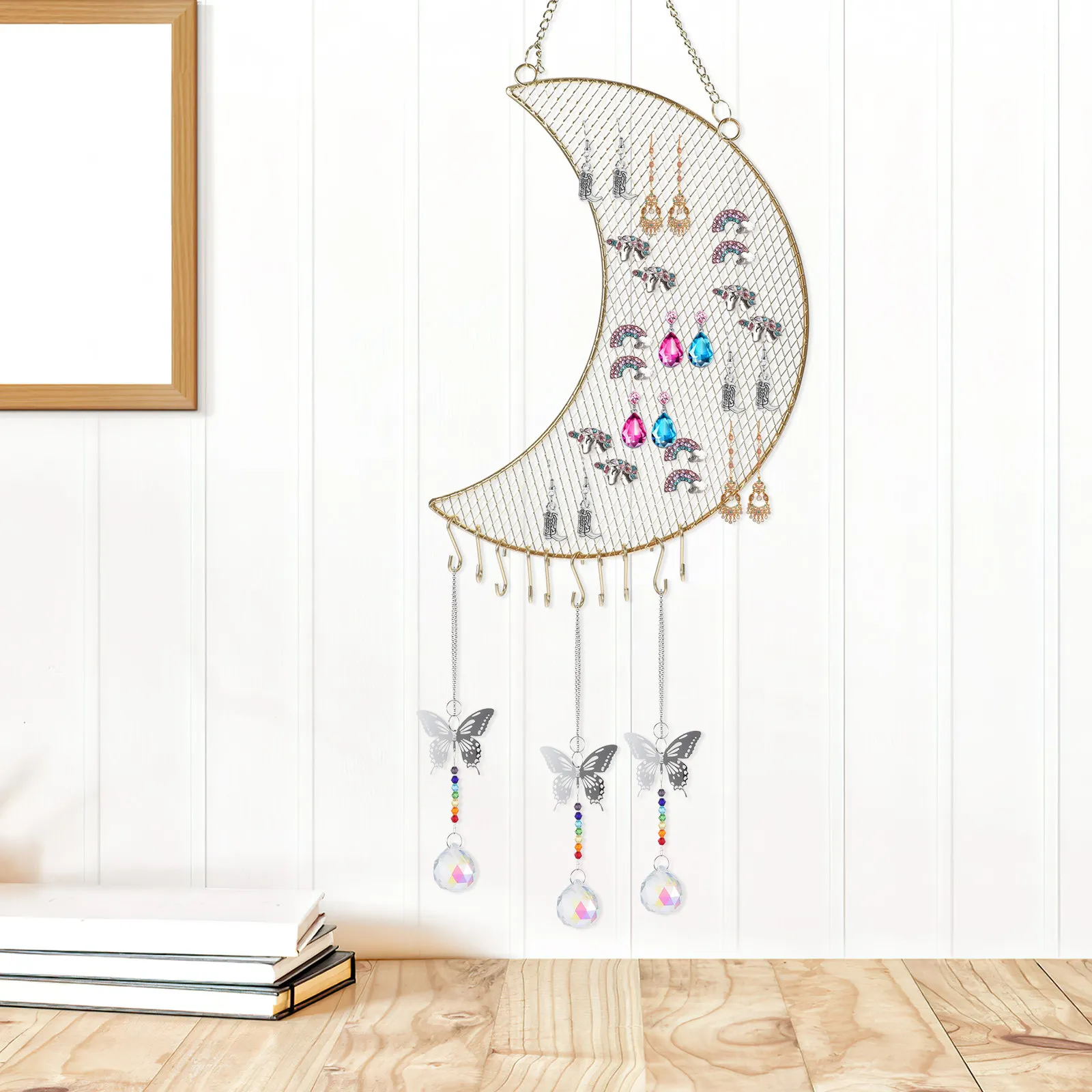 

Настенный органайзер для украшений Moon: металлическая подставка для серег, держатель для ожерелий, сетчатый дизайн, экономия места, настенное крепление