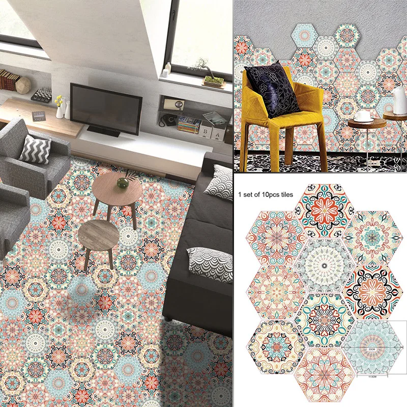 10Pcs Moroccan Style Self-Adhesive Tiles Stickers Hexagonal Ethnic Mandala Style Bathroom Kitchen Floor Wall Tiles Stickers