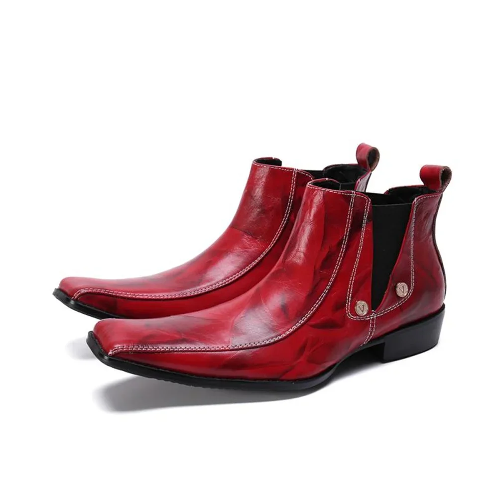 Red Square Toe Genuine Leather High Heels Slip-On Boots Male Plus Size Fashion Party Wedding Vintage For Men Dress Shoes