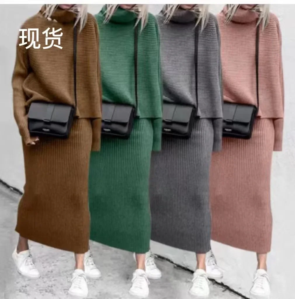 Two Piece Skirt Sets Knit Sweaters Spliced Full Sleeve Turtleneck Long Skirts Suits A Line Matching Set Solid Loose Fit Sports