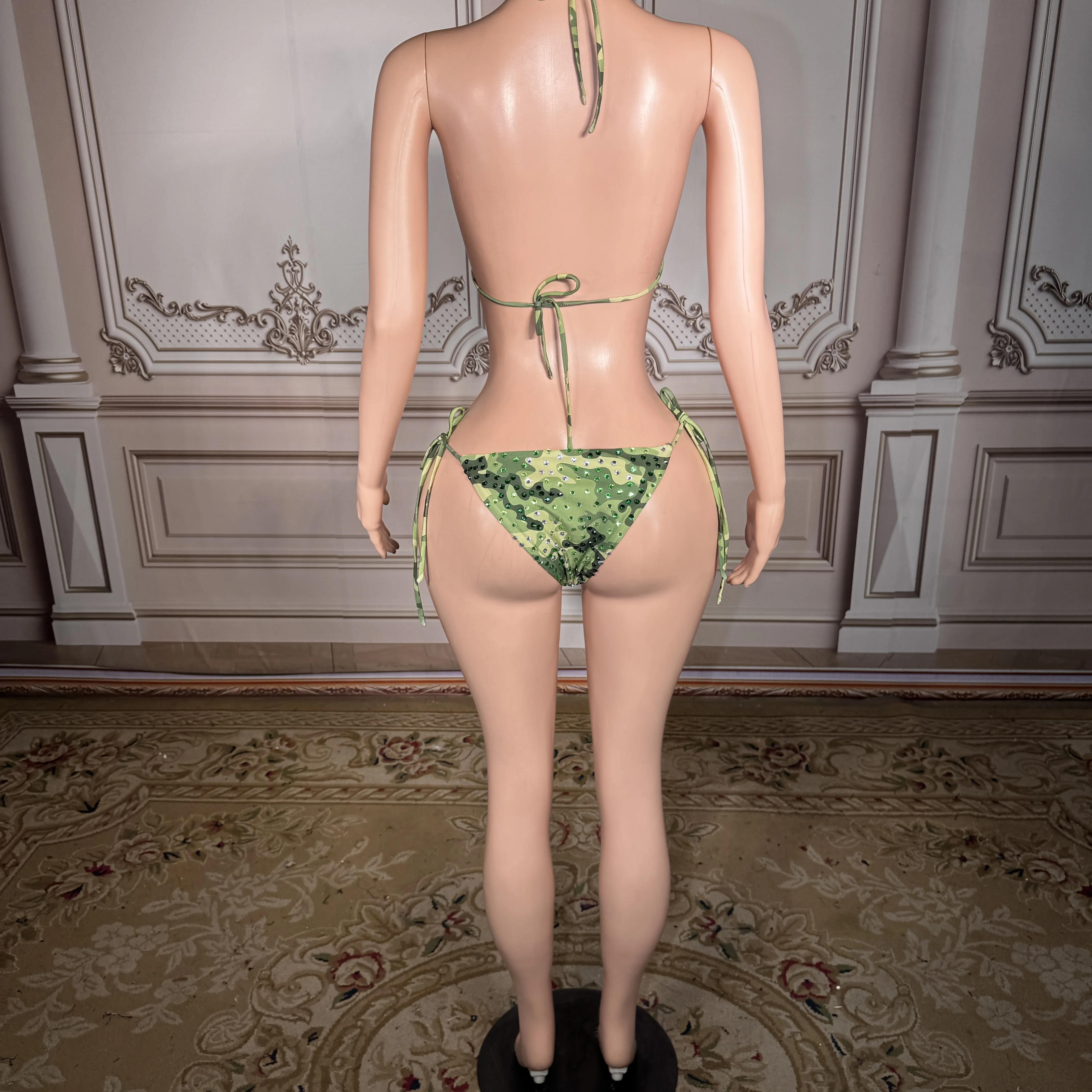 ZD 2026 New Vibrant green printed rhinestone sexy lace up bikini two piece set  women summer beach pool party bathing suit