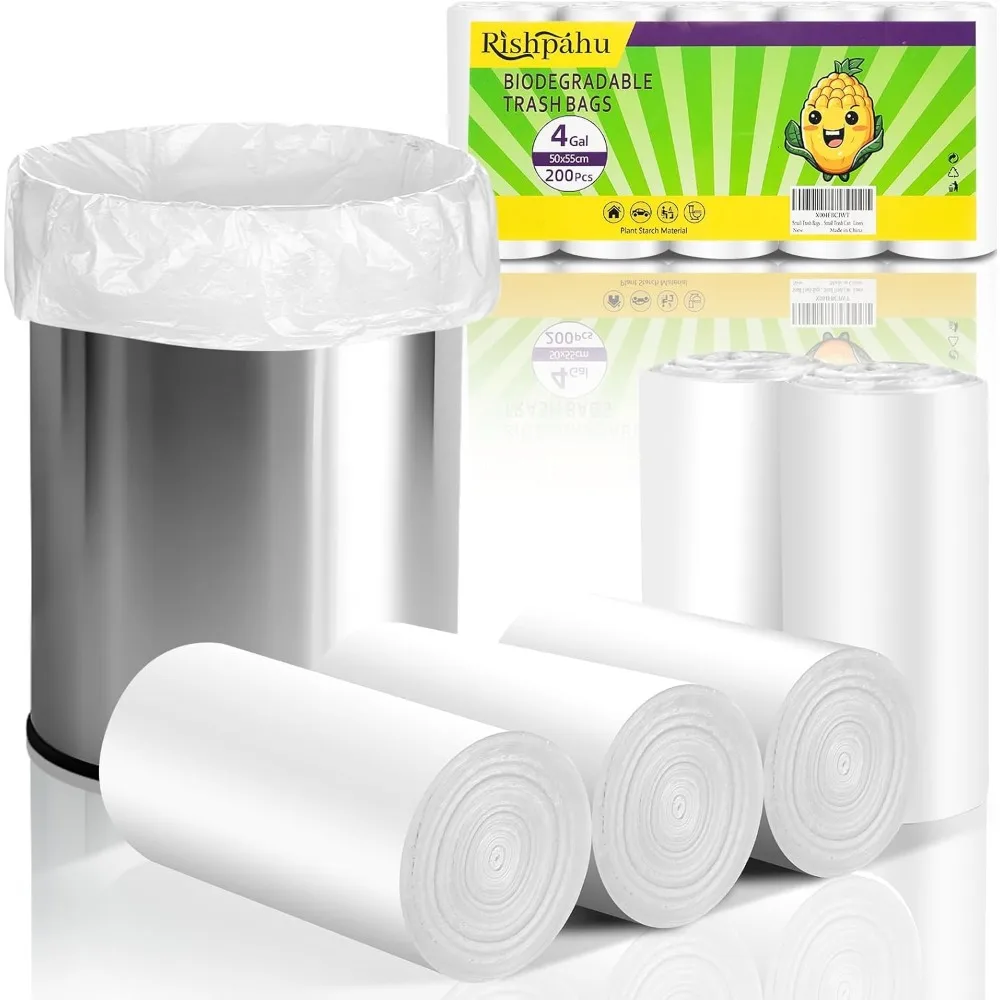 

Biodegradable 4 Gallon Small Trash Bags, 200 Counts, Unscented White Liners for Bathroom Office