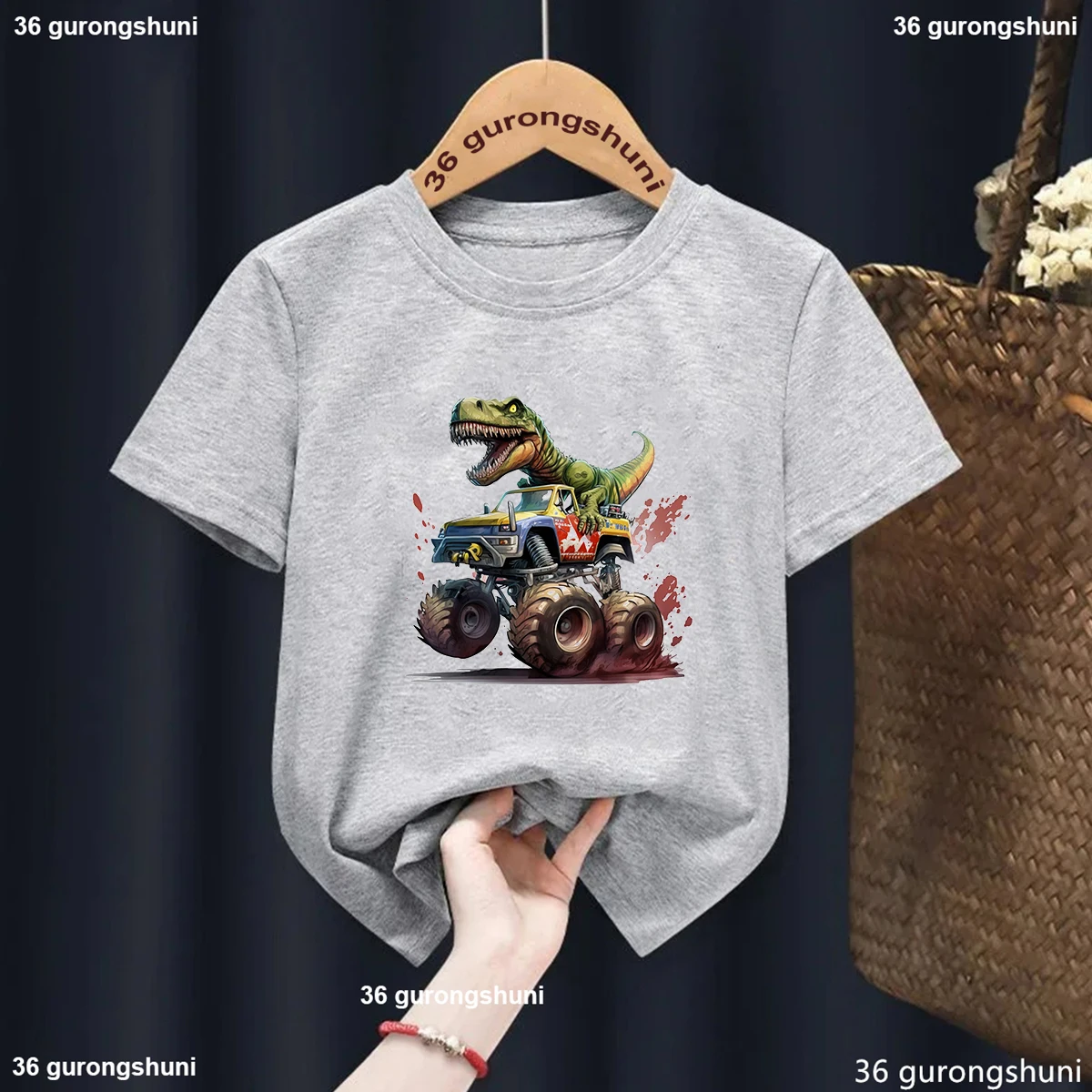 

Monster Truck T Rex Dinosaurs animal Printed T Shirt For Girls/Boys Kawaii Kids Clothes Summer White/Pink/Blue/Gray T-Shirt