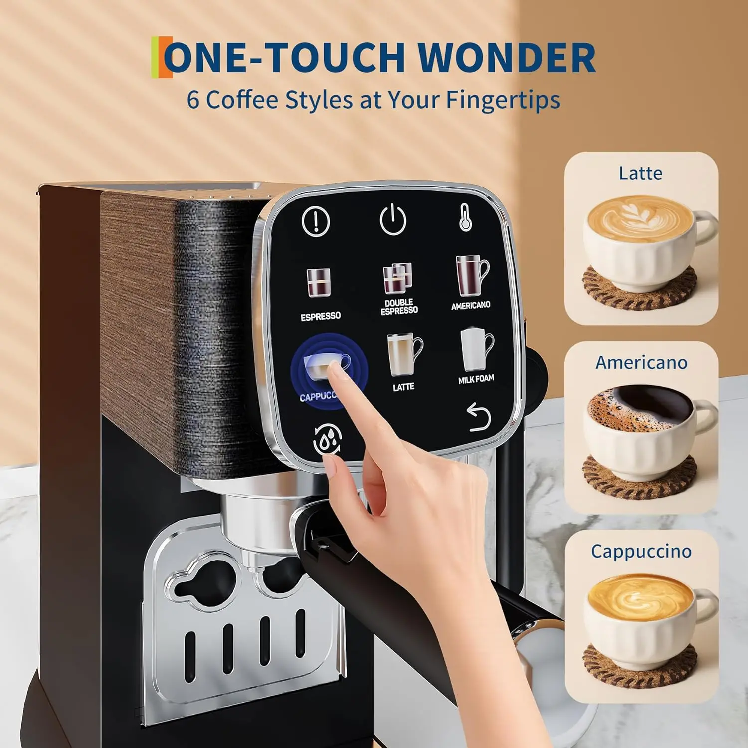 20 Bar Compact Espresso Machine With Milk Frother & Black Touchscreen Professional Coffee Maker With Adjustable Temp