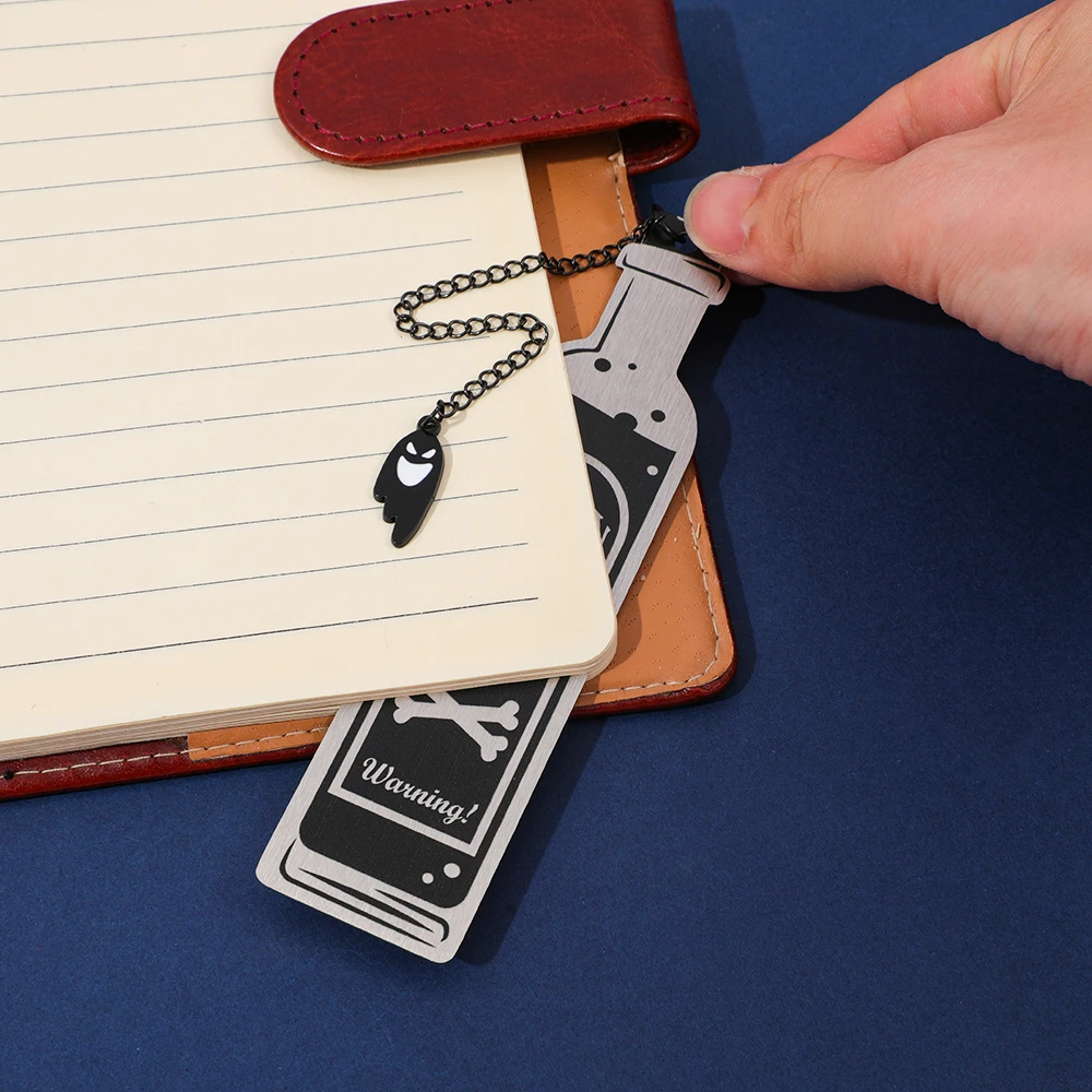 Halloween Skeleton Bottle Metal Bookmark with Ghost Pendant | Gothic Dark Style Book Marker for Book Lovers Gift