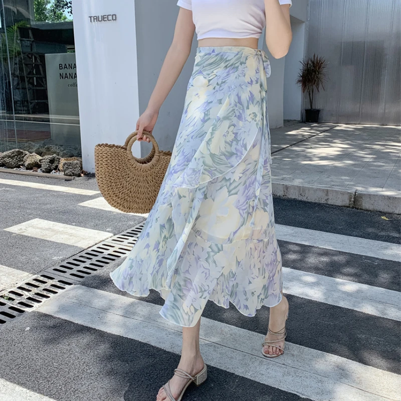 Ladies Fashion One Piece Form Bandage Stamp Skirts Women Casual Cute Holiday Beach Vacation Sexy Long Skirt Female Girls Clothes