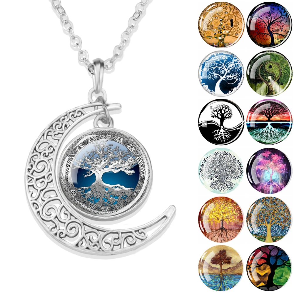 Tree of Life Moon Pendants Necklaces for Women Men Glass Dome Crescent Pendant Necklace Yin Yang Life Tree Fashion Jewelry Gift