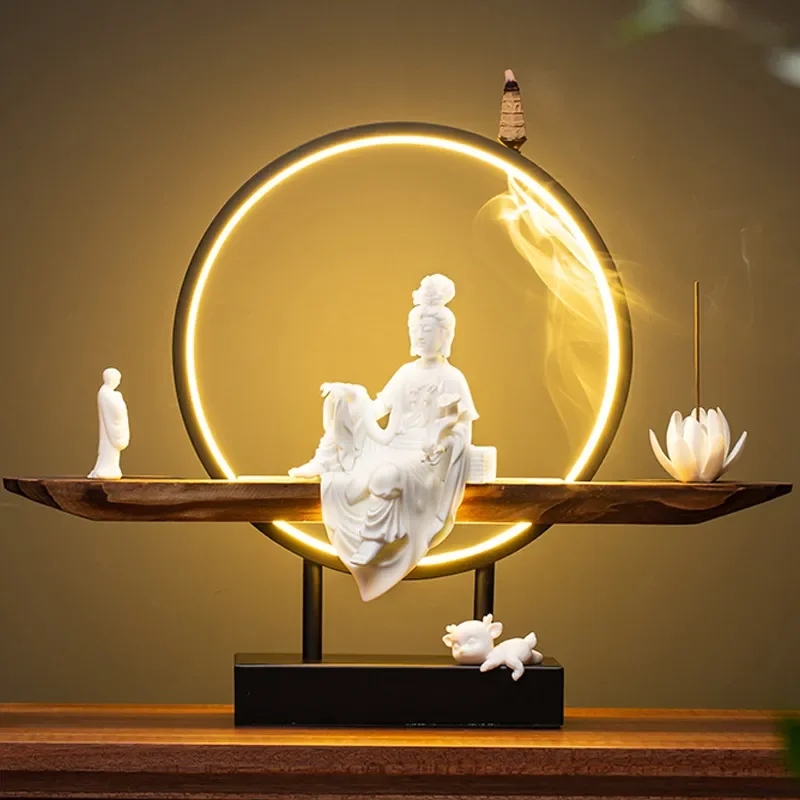 Chinese Style Ceramic Guanyin Statue Zen Home Decor Modern Living Room Ornament Elegant Table Centerpiece for Office Desk