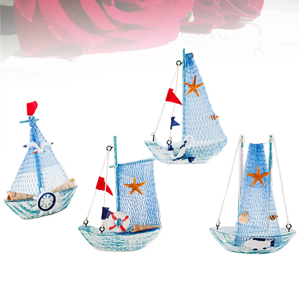 4 Piezas de Decoración de Veleros de Madera, Estilo Mediterráneo, Barco de Pesca de Lona, Adorno Artesanal Pequeño de 15 cm para Mesa de Hogar u Oficina