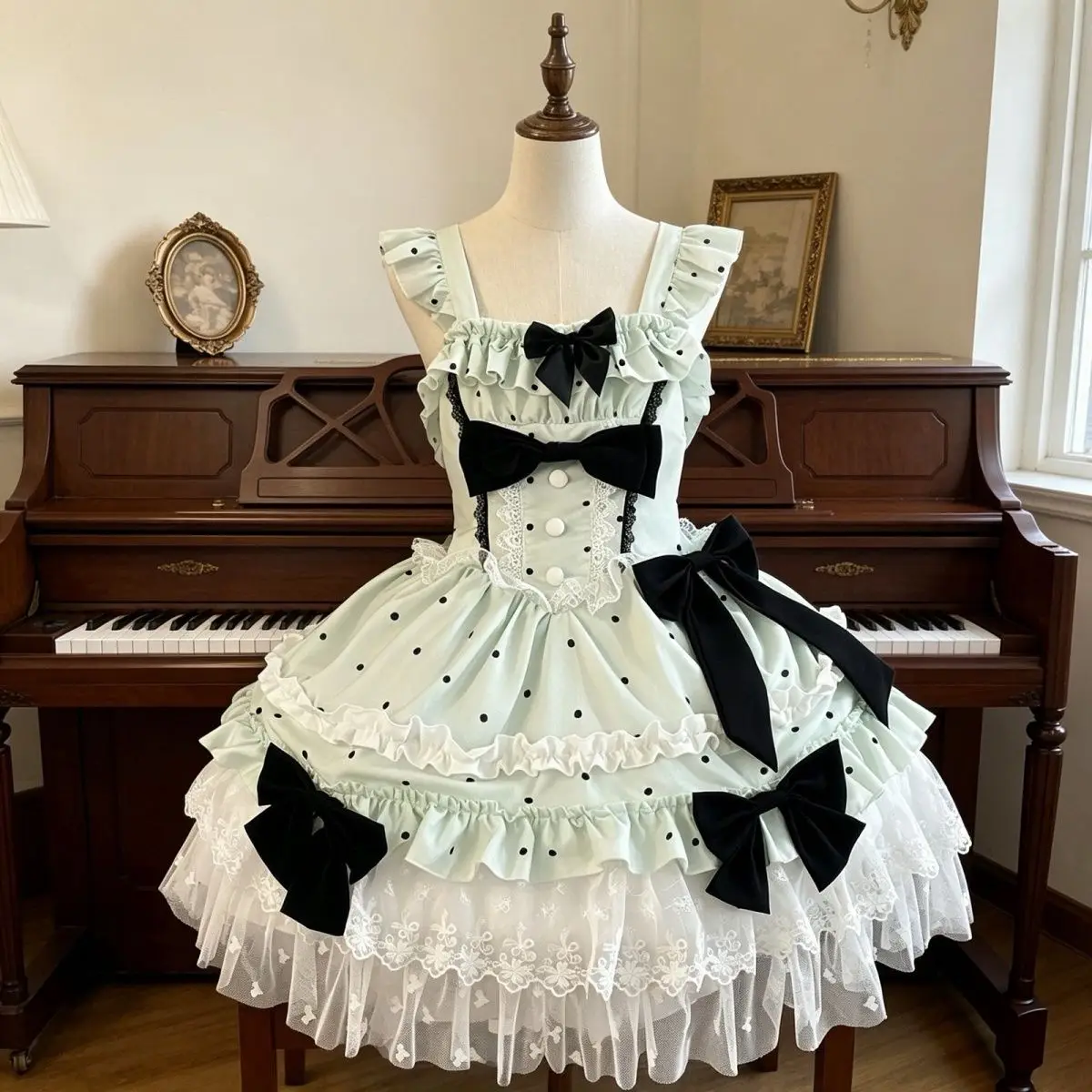 Japanese Sweet Lolita Mini Dress Women Puff Short Sleeve Multi-Layer Ruffle Lace Bow Princess Cosplay Holiday Party Outfit