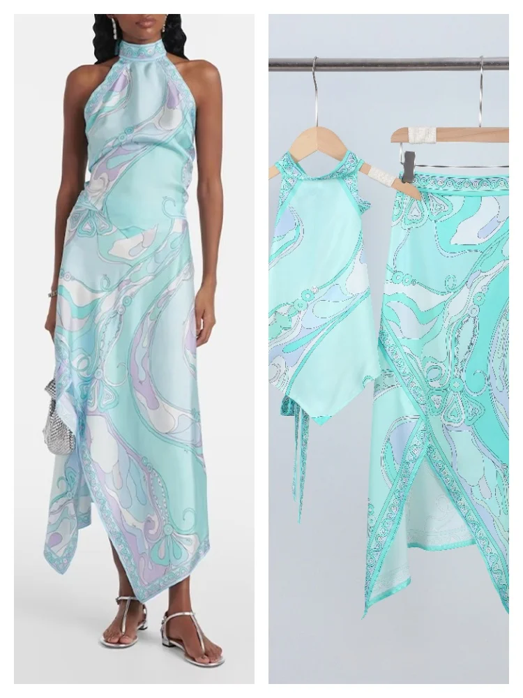 

Летние комплекты из двух предметов на шнуровке с лямкой на шее, женский топ без рукавов с открытой спиной и принтом, нерегулярные юбки, наряды, 2021, женские костюмы ﻿