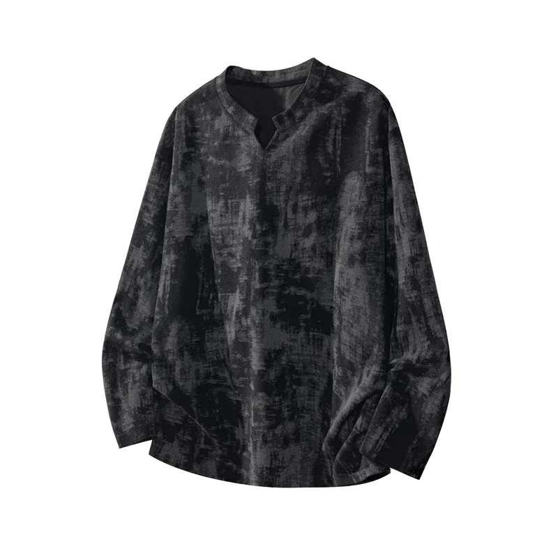 Male Loose Fit Acid Wash Tie Dye Long Sleeve Top Mock Neck Airy Fleece Fabric For Office Commute Leisure Occasions