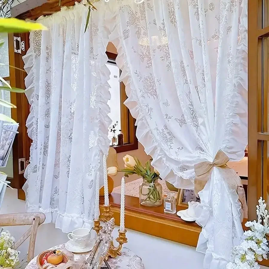 

1pc Premium Fashionable Phantom Butterfly Sheer Lace Trim Elegant Semi-Transparent Curtain Drape For Villa, Bedroom, Living Room