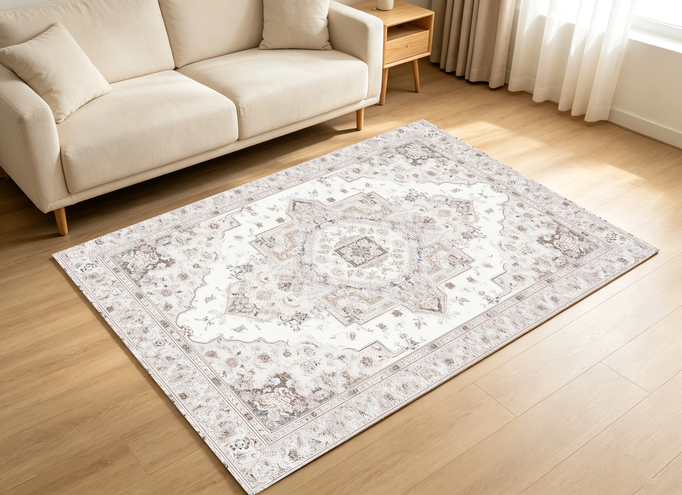 2D Velvet Rug in Light Beige-Grey, with a Vintage Persian Pattern, Exuding European Understated Luxury. Soft and