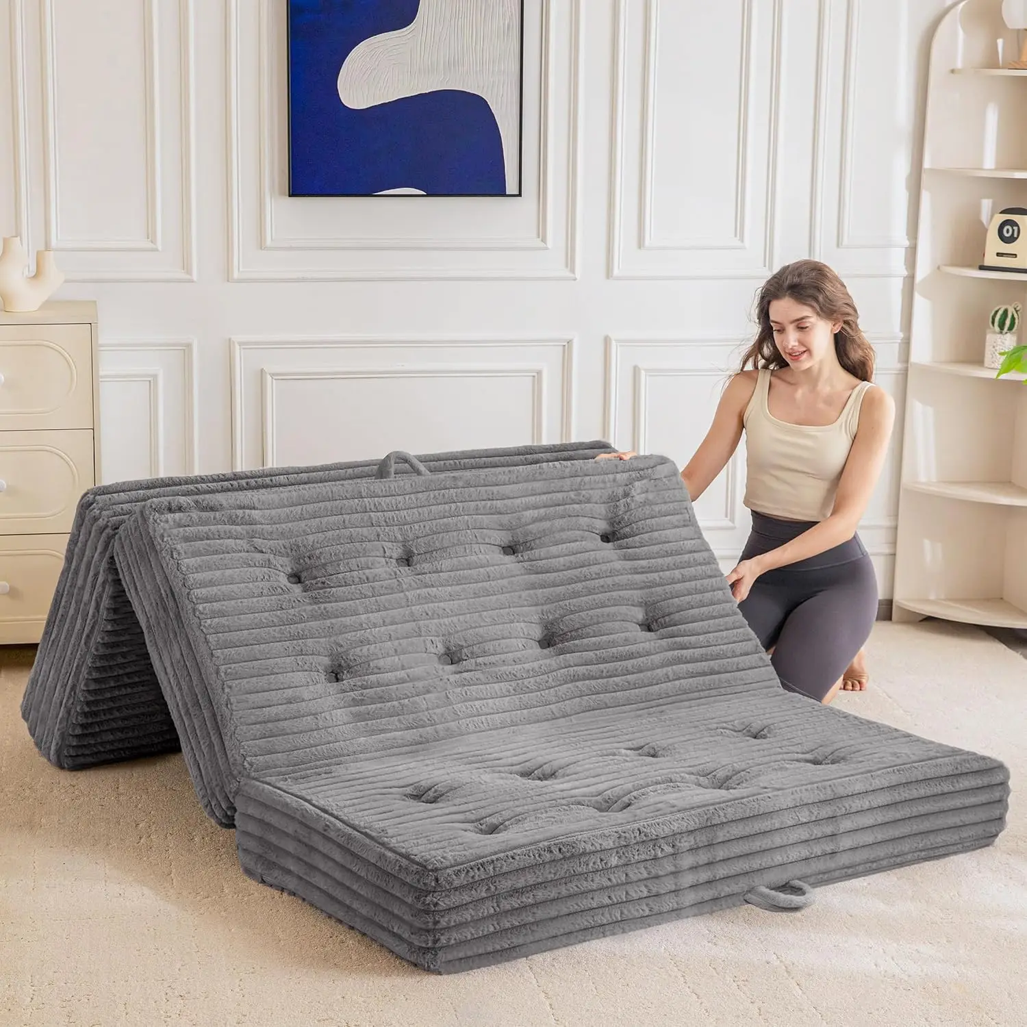 Portable 6-Inch Tri-Fold Mattress in Grey, Soft Faux Fur, Supportive Foam for Guest Sleeping