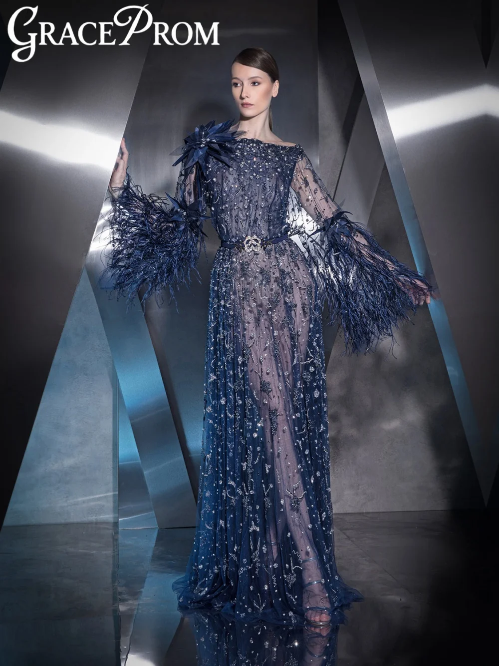 

Opulent Embroidery Beaded Feathers Evening Dress Illusion Long Sleeved Wedding Party Gown Customized A-line Long Banquet Gowns