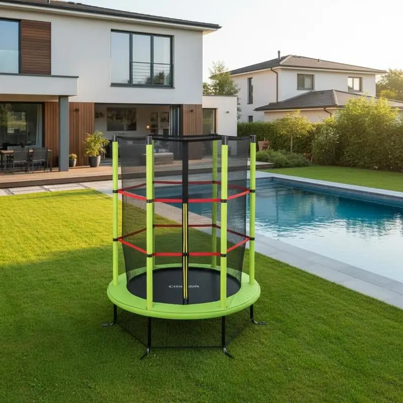 Ø165CM Trampolin mit Sicherheitsnetz. Es verfügt über ein gebogenes Säulensicherheitsdesign, mit den Säulen in stoßfesten Schaumstoffhülsen umhüllt. Das nahtlose Design verbindet das Sicherheitsnetz
