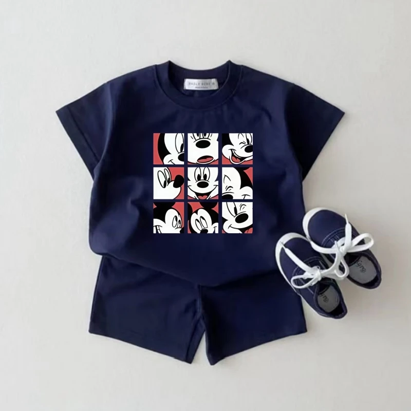

Disney Summer Baby Boy Clothes Set Kid Girls Mickey Minnie T-shirts and Shorts Suit Children Solid Cotton Short Sleeve Outfits