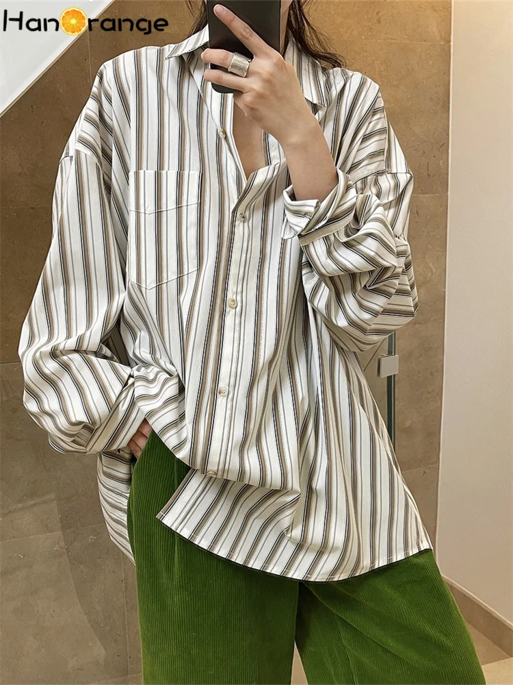 

Женская полосатая рубашка HanOrange 2026: ранняя весна, свободный крой, ретро-стиль, модный повседневный топ с заниженной линией плеч
