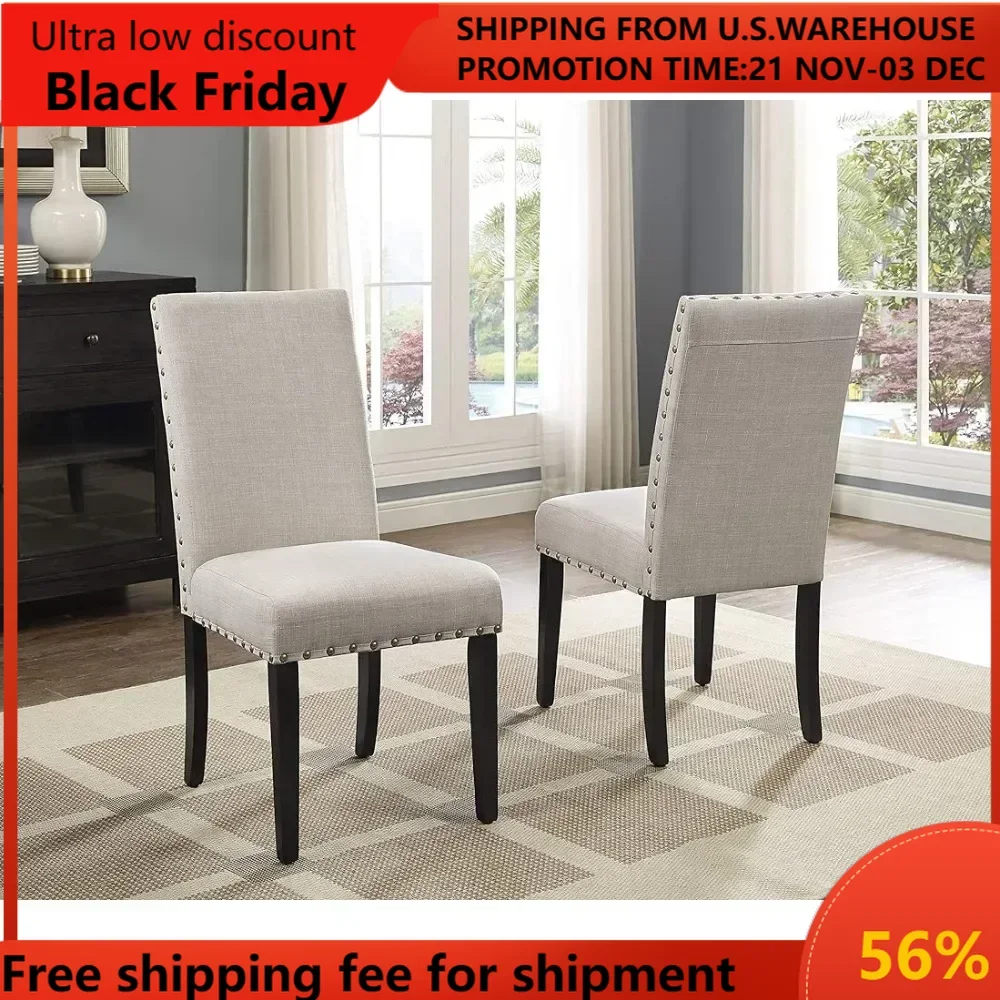 

Dining chair furniture upholstered in cotton fabric with spike head trim, set of 2