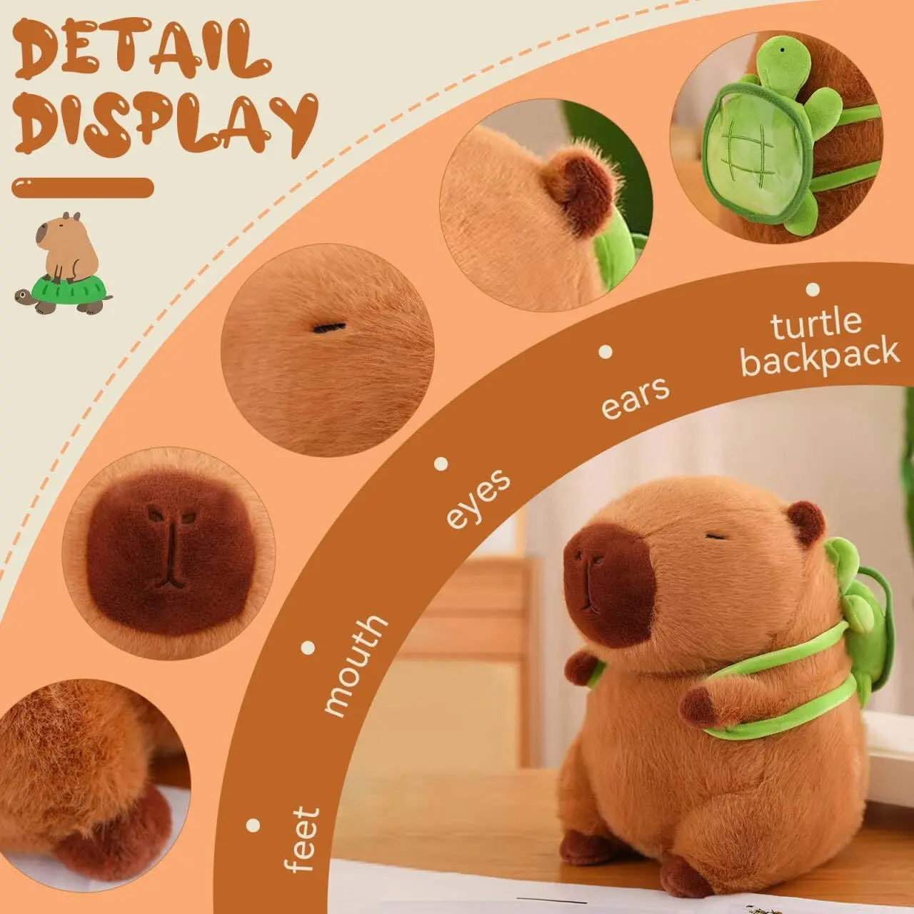 Cute Capybara Plush with Turte Backpack Kawai capibara Stuffed AniamlsToys Plushie Hugging ciits for kids Brewo Keychain 12 inch images - 6