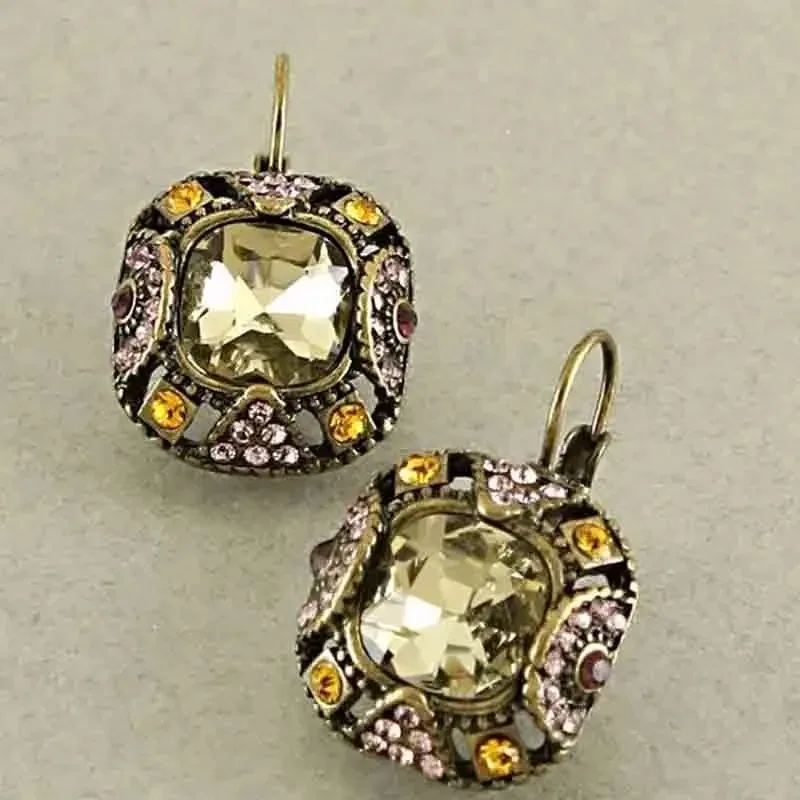 العرقية خمر الذهب اللون معدن مربع مطعمة شاحب الأصفر حجر استرخى أقراط للنساء مجوهرات