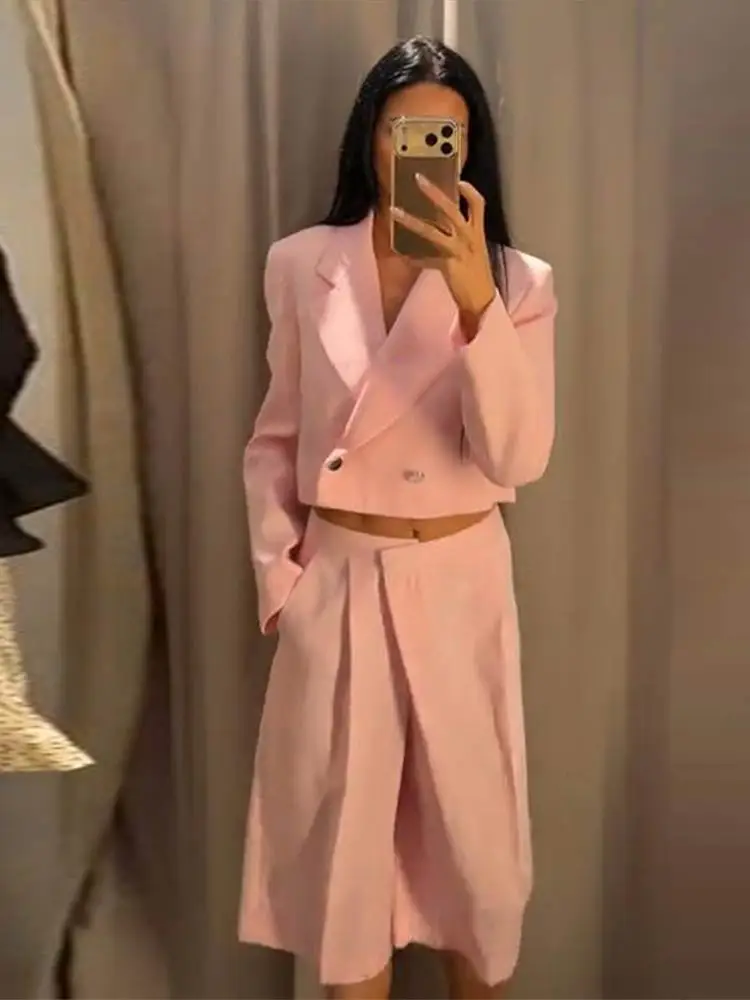 Revers-Langarm-Cropped-Anzugjacke mit Shorts für Damen – Eleganter Kurzmantel mit Knöpfen und High-Waist-Shorts – Schickes Büro-Outfit für Damen – Neu – Detail 26