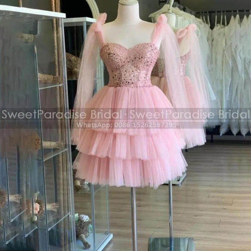 Sequins Short Cocktail Dresses With Bow Spaghetti Straps Tiered A Line Customized Sheer Waist Birthday Party Dress