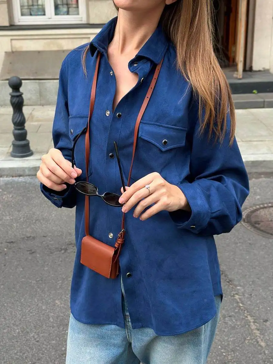 Vintage Klein Blue Collar Jacket 2025 Autumn/Winter Versatile Casual Loose Medium to Long Coat European and American Women Wear