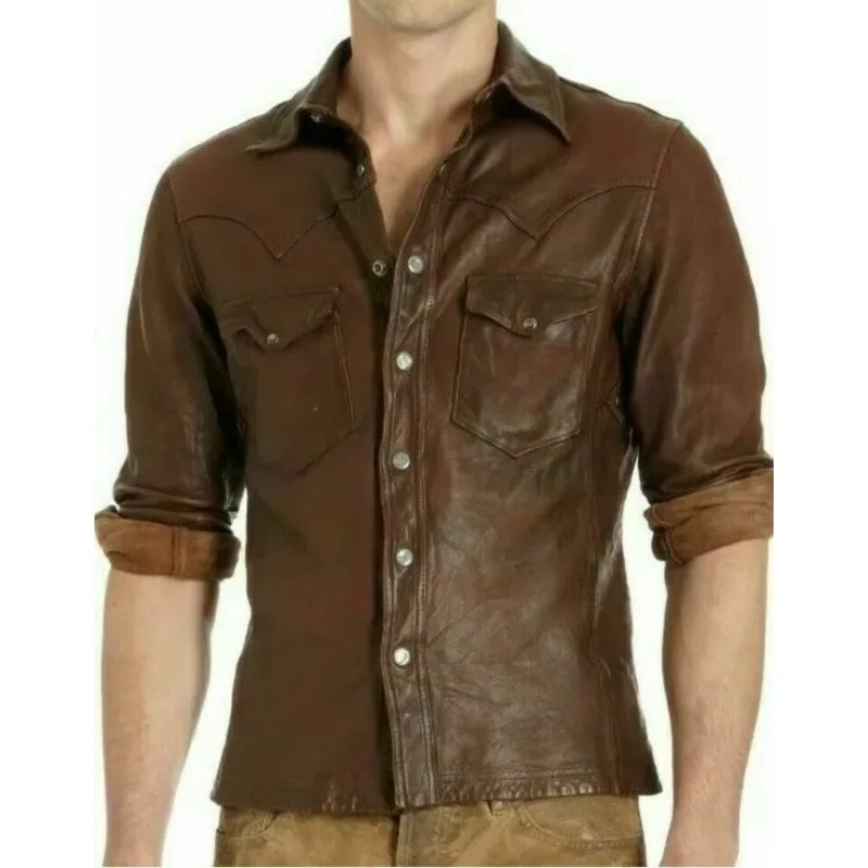 

Mens Lambskin Real Leather Shirt Basic Vintage Biker Slim Fit Formal Shirt