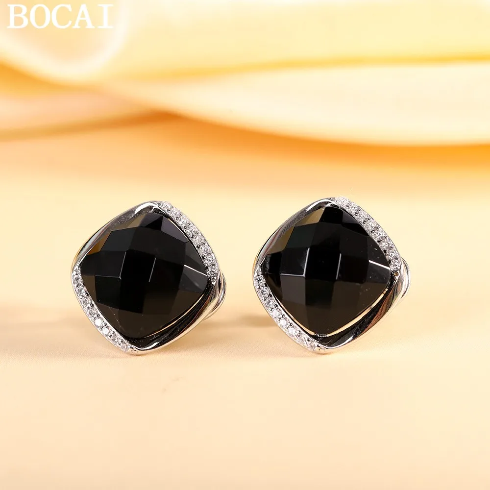 

BOCAI NEW S925 Silver Fashion Trend Inlaid With Black Agate Blue Sandstone Square Earrings Women's Gift