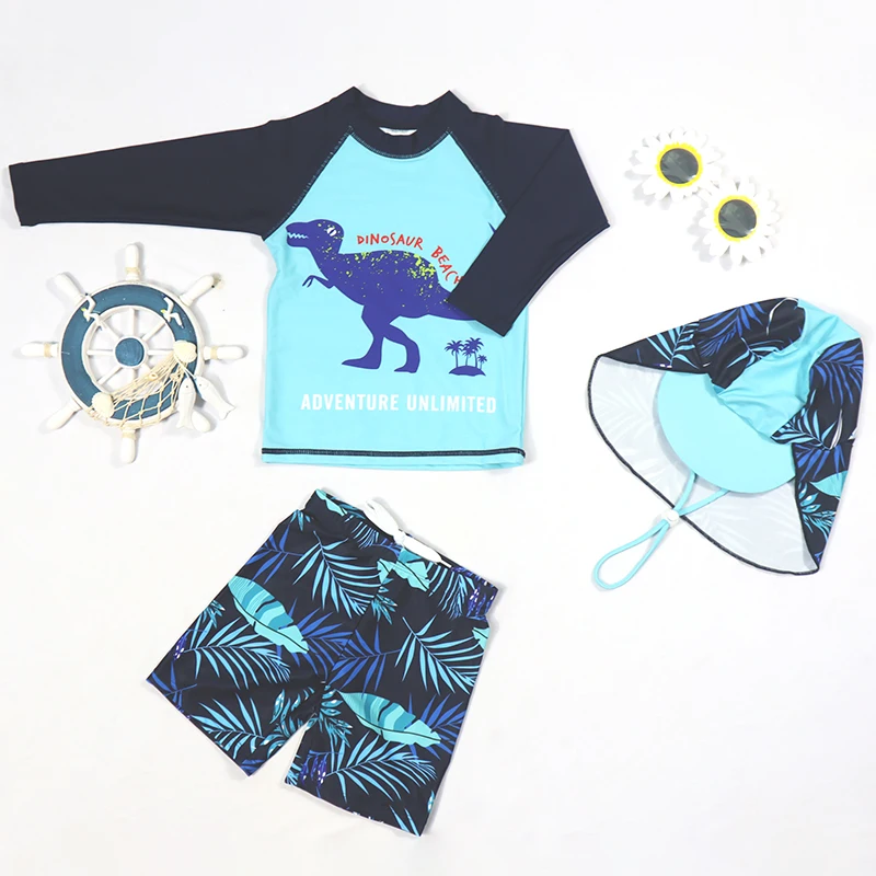

3PCS Children Split Swimsuit Sunscreen Swimming Costume Boy Swimwear Cartoon Dinosaur Swim Suits Beach Clothing With Cap 2-13T