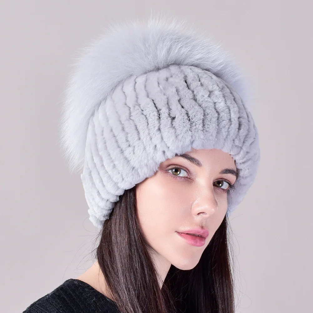 New Winter Woman Fur Hat Multi-Color Solid Color Rex Rabbit Fox Plush Knitted Pullover  Russia Warm And Cold Fashion