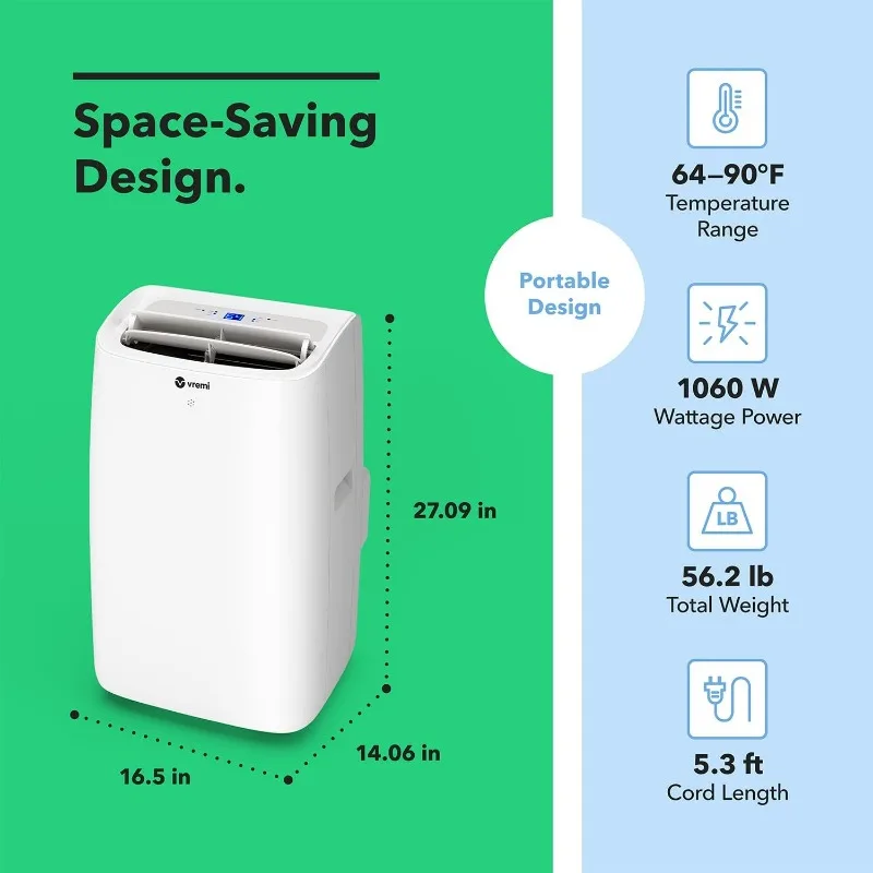 Vremi-Aire acondicionado portátil 12000 BTU, Unidad de CA fácil de mover para habitaciones de hasta 350 pies cuadrados, con potente ventilador de refrigeración